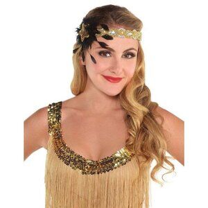 Gold & Black 1920s Flapper Headband With Beads & Feather By Amscan